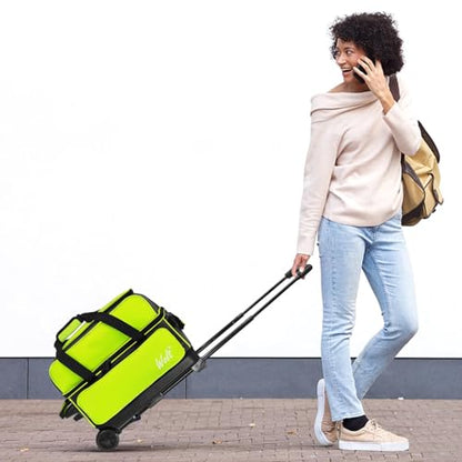 WOLT Double Roller 2 Ball Bowling Bag with Separate Shoe Compartment, Large Capacity Bowling Ball Bag with Accessory Pocket, Retractable Handle Extends to 40" - color: LemonGreen