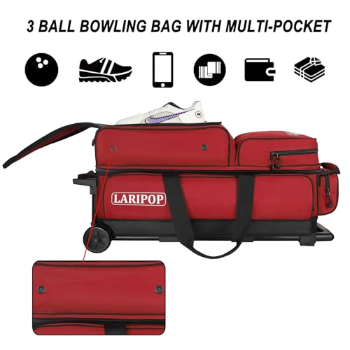 LARIPOP 3 Ball Bowling Bag with Wheels and Shoe Compartment, Rolling Bowling Bag for 3 Balls, Heavy Duty Bowling Roller Bag with Retractable Handle for Men Women - color: Red