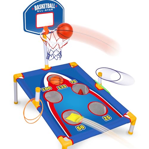 TOY Life Bean Bags Toss Carnival Games, Cornhole, Outdoor Toys for Kids Ages 4-8, Backyard Game Sports & Outdoor Play, Outside Toys for Ages 5-7, Family Lawn Yard Games Birthday Party, Gift for Boys - color: 3-in-1 Game with Basketball Hoop & Ring Toss