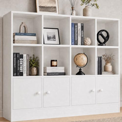 Cozy Castle White Wood Bookcase, 12 Cube Display Shelf with 4 Doors, 3 Tier Open Bookshelf with Adjustable Shelves for Living Room, Home Office, Entryway - color: White