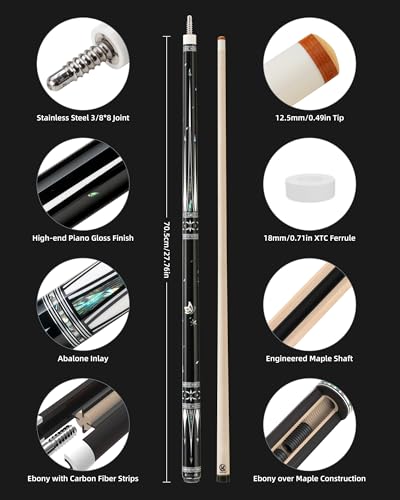 KONLLEN KL-KB Low Deflection Maple Billiards Cue Pool Cue Stick Real Wood Abalone Shell Inlay Wrapless 12.5mm Tip - color: KL-KB-Black