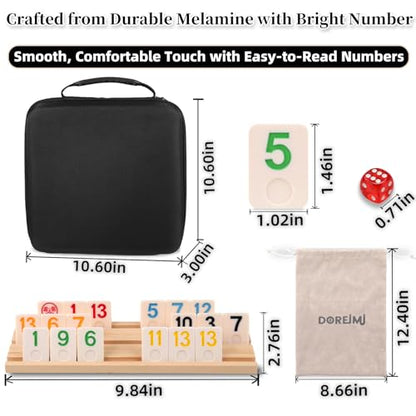 Doreimi Non-Transparent Rummy Cube Game Set 6-8 Players, 240 Tiles with 8 Wooden Racks, Dual Storage Travel Rummy Tile Set with Carrying Case & Drawstring Bag, Family Board Game Gift for Adults Kids