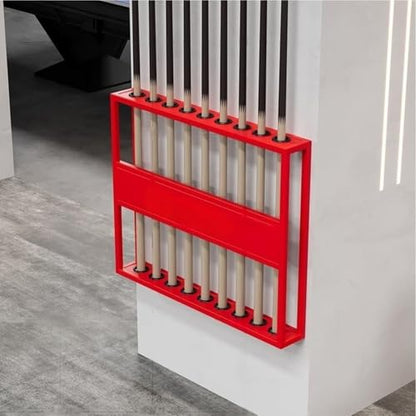Wall Mounted Pool Cue Rack, Metal Billiard Cue Holder for 9 Sticks, Double Layer U-Shaped Slots, Space-Saving Pool Stick Wall Rack for Play Room, Club, Bar, Office Gym (Red) - color: Red