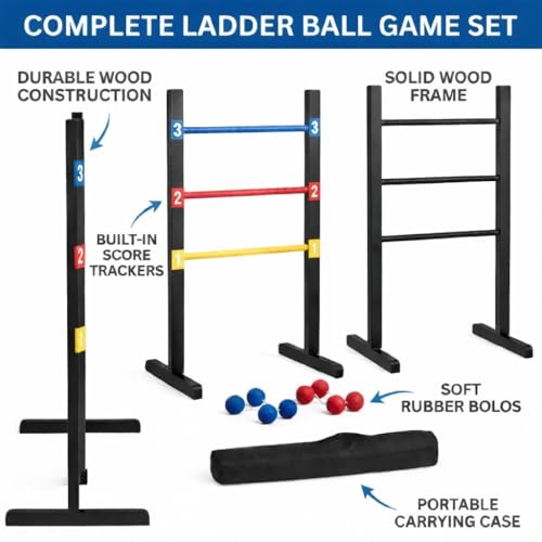 Pro Ladder Toss Indoor Outdoor Game Set for Yard & Lawn Games with 6 Soft Rubber Bolo Balls Heavy Duty Bars Stands & Travel Carrying Case | Game for Family Kids Beach Party Picnic & Adults - style: Ladder Toss Game