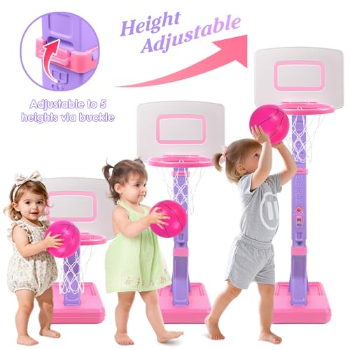 Toddler Basketball Hoop Indoor Outdoor - Height Adjustable 27.6-54 Inches (5 Slots), Kids Basketball Hoop with 4 Inflatable Balls & Pump, Safe Toddler Toys for 1-6 Year Old Boys Girls - color: pink