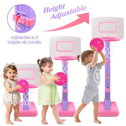 Toddler Basketball Hoop Indoor Outdoor - Height Adjustable 27.6-54 Inches (5 Slots), Kids Basketball Hoop with 4 Inflatable Balls & Pump, Safe Toddler Toys for 1-6 Year Old Boys Girls - color: pink