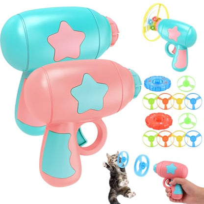 2pcs Bamboo Dragonfly Catapult Launcher, Cat Chase Fetch Toy with 6 Flying Spinners, Cat Toy Propeller Launcher for Training & Hunting, Cat & Kitten Toy with Colorful Flying Propellers (Yellow+Blue)