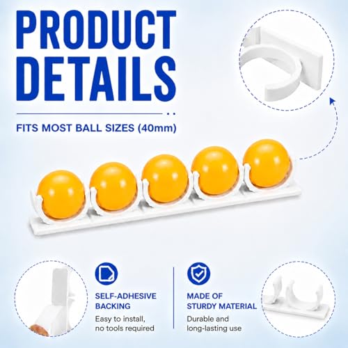 2 Pack Under Table Ping Pong Ball Holder, Self-Adhesive No Drilling Table Tennis Ball Storage Rack, Fits 40mm+ Standard Balls for Training, Game Rooms, Home Indoor Sports
