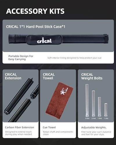 CRICAL Carbon Fiber Pool Cue Stick 58" Billiard Cue Sticks Professional Low Deflection Pool Sticks with 3/8 * 8 Pin Joint and 12.5mm Tip - color: 001-CL01(Pro Taper)Set