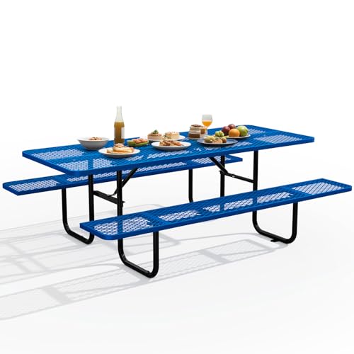 72 Inch Heavy Duty Picnic Table for Outdoors, Rectangular Camping Table with Benches and 1.78" Umbrella Hole, Commercial Grade Steel Frame, 2200 lbs Load Capacity, Blue - color: Blue, size: Rectangular