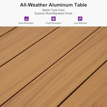 PURPLE LEAF 9 Pieces Outdoor Metal Furniture Set Patio Conversation Sets Wood Pattern Dining Set, 1 Dining Table and 8 Modern Chairs with Cushions Seat - color: Teak, size: 9 Pcs, style: Square