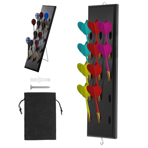 Wall Mounted Dart Holder with Storage Bag, 15 Hole Wooden Dart Storage with Metal Hook and Rear Stand, Dart Accessory for Game Room and Bar