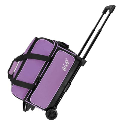 WOLT Double Roller 2 Ball Bowling Bag with Separate Shoe Compartment, Large Capacity Bowling Ball Bag with Accessory Pocket, Retractable Handle Extends to 40" - color: Purple