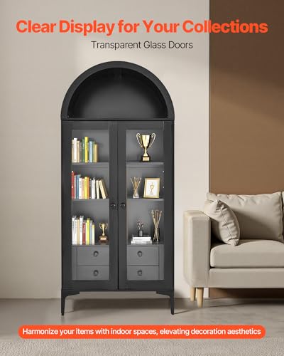 VEVOR Arched Kitchen Pantry Cabinet with Glass Doors, 70in Tall Curio Cabinet, 4-Tier Display Case with 2 Adjustable Shelves, Bookcase Bookshelf for Collectibles Storage Living Room Office - size: 70in