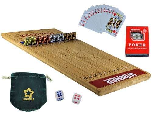 Metal Horse Race Board Game Set with Horse Racing Thick & Solid Wood Game Board(22”/Natrual),11 Luxurious with 4Antique(Gold,Silver,Red Cooper&Bronze) Metal Craft Horses, Dice&Cards (HR-F554) - color: Hr-f554