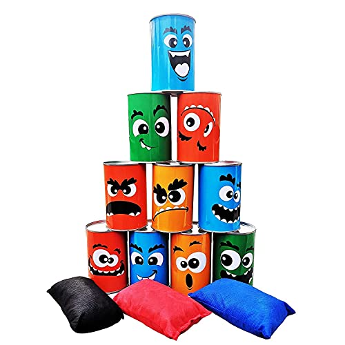Giant Tumbling Tower Games Wooden Blocks Stacking Game + Tin Can Alley Bean Bag Toss Game for Adult, Kids, Family Fun Outdoor Backyard Games