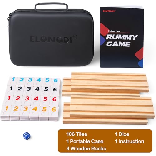 ELONGDI Rummy Cube Game Set with 4 Wooden Racks,106 Rummy Tiles and Portable Case,Classic Travel Board Games for Family Adults and Kids