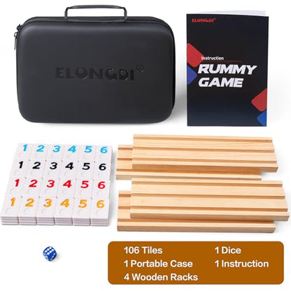 ELONGDI Rummy Cube Game Set with 4 Wooden Racks,106 Rummy Tiles and Portable Case,Classic Travel Board Games for Family Adults and Kids