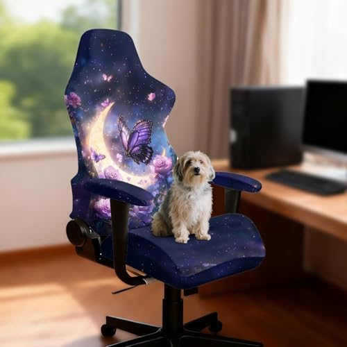Suobstales Galaxy Butterfly Moon Rose Flower Pattern Gaming Chair Cover Set, Stretchable Game Chair Slipcovers with 2 Armrest Covers, Scratch-Proof Gamer Desk Chair Covers for Computer Office Seat - color: Galaxy Butterfly Moon Rose Flower