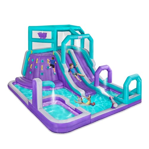 Sunny & Fun Mega Climb N’ Go Inflatable Water Slide Park – Heavy-Duty for Outdoor Fun - Climbing Wall, 2 Slides & Deep Splash Pool – Easy to Set Up & Inflate with Included Air Pump & Carrying Case - color: Purple