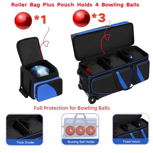 4 Ball Bowling Bags with Wheels, Bowling Ball Bag with Multi-Pockets,4 Ball Bowling Bag with Secure Buckle Fixed Ball Cup & Shoe Compartment,3 Ball Bowling Bag+1 Ball Color Matching Add On Tote - color: blue 3+1