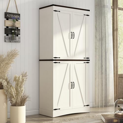 Hlivelood 71" Tall Kitchen Pantry,Farmhouse Storage Cabinet with Adjustable Shelves,Load-Bearing Steel Pipe,Farmhouse Pantry Cabinet with 4 Barn Doors,for Kitchen,Dining Room,Living Room(Rustic White) - color: Rustic White, style: 4 Doors