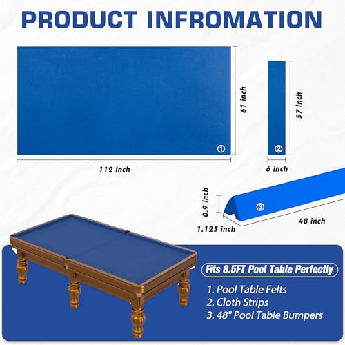 Pool Table Felt and Bumper Kit Felt for Billiard Cloth with Pool Table Bumpers and Cushions Facing, 6 Pcs Cloth Strips and Staple Remover - color: Blue, size: 8.5FT Over Size + 48'' Bumpers