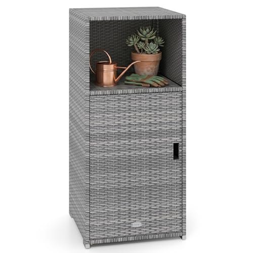 Tangkula Rattan Outdoor Storage Cabinet, Patiojoy PE Wicker Outdoor Cabinet with 3 Storage Shelves, Open Compartment and Door, Patio Storage Deck Box for Porch, Poolside, Backyard - color: Mix Gray, size: 20" x 20" x 43"