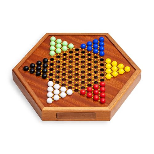 Wooden Chinese Checkers Game Set with Storage Drawer, 12.6 inches - Includes 60 Colorful Acrylic Chess Pieces (6 Colors) - Classic Strategy Board Game