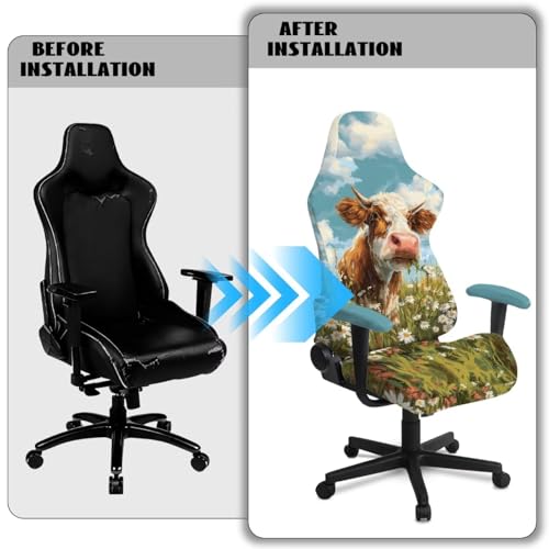 Office Chair Cover with Armrest Covers, Dustproof Gaming Armchair Seat Protector Machine Washable Universal Stretch Slipcover for Home Desk Chair, Cow Daisy Blue Sky Print - color: Cow Daisy Blue Sky Print