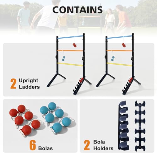 Steel Ladder Toss Game Set,Heavy-Duty Metal 2 Pack Ladder Ball Rack with 6 Bolas & Scorekeeper,Assembly-Free Outdoor Yard Games for Adults &teens Portable Lawn Toss for Camping, Beach,Backyard Party