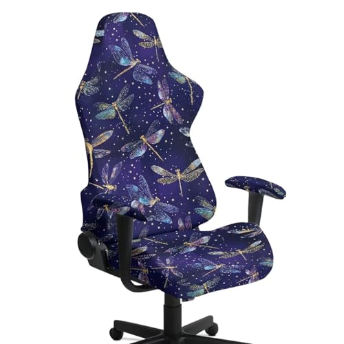 Dragonfly Print Gaming Chair Cover with Armrest Covers Scratch Proof Anti-Dust Game Chair Covers Slipcover Universal Fit for Desk/Swivel/Rotating Chairs Protector - color: Purple - Dragonfly
