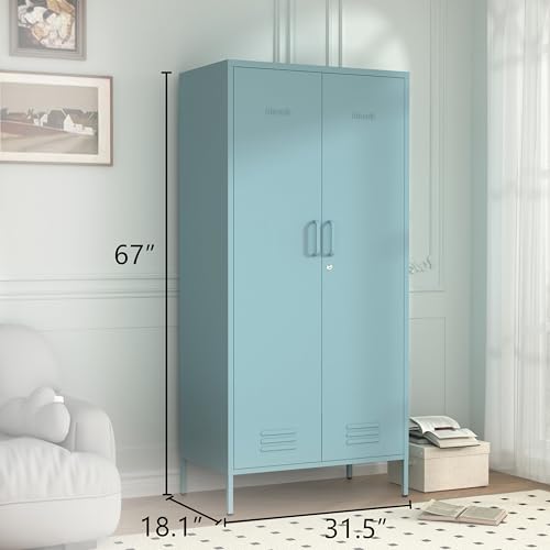 Industrial 67" Blue Lockable Metal 2-Door Storage Cabinet, Multi-Purpose Wardrobe with Hanging Rod & Adjustable Shelves, Heavy Duty for Bedroom, Garage, Home Office 67" H X 31.5" W X 18.1" D - color: Ocean, style: Wardrobe-67"H-JS