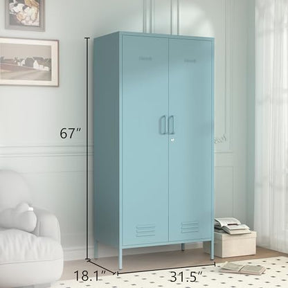 Industrial 67" Blue Lockable Metal 2-Door Storage Cabinet, Multi-Purpose Wardrobe with Hanging Rod & Adjustable Shelves, Heavy Duty for Bedroom, Garage, Home Office 67" H X 31.5" W X 18.1" D - color: Ocean, style: Wardrobe-67"H-JS