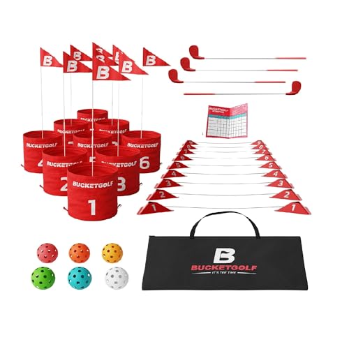 bucketgolf 9 Hole Bundle with Clubs - Outdoor Golf Game for All Ages, Adults, Kids, Family. Play Golf Anywhere, Yards, Beach, Park, Backyard. (4 Clubs (3 RH + 1 LH)) - size: 4 Clubs (3 RH + 1 LH)