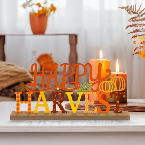 Fall Decorations for Home Metal Happy Harvest Sign, Orange Harvest Pumpkin Table Decor Thanksgiving Tiered Tray Decor Rustic Autumn Metal Sign Tabletop Centerpiece for Home Mantel Shelf Desk - style: Happy Harvest