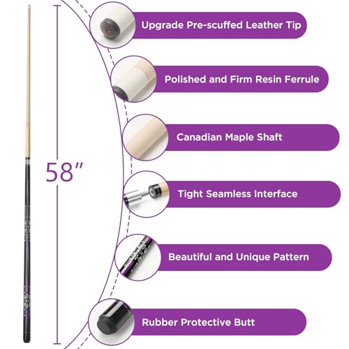 Pool Cue, 58" Billiard Cue Stick 2-Piece Maple Wood Pool Cue Stick 18 19 20 21oz for Bar House Pool Table Sports - color: Purple 21oz