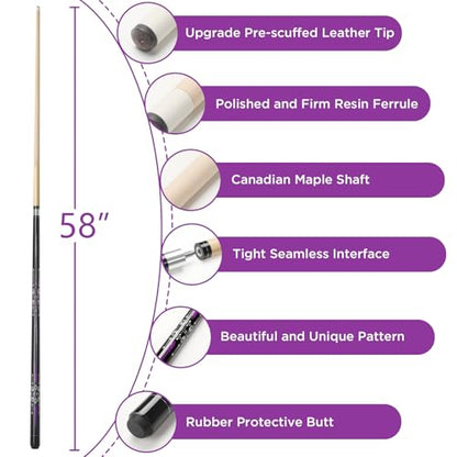 Pool Cue, 58" Billiard Cue Stick 2-Piece Maple Wood Pool Cue Stick 18 19 20 21oz for Bar House Pool Table Sports - color: Purple 21oz
