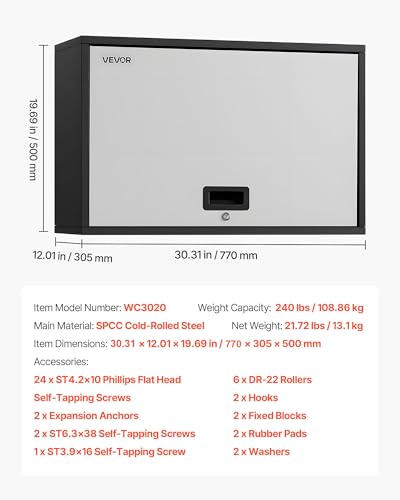 VEVOR Metal Wall Cabinet, 30.31 x 12.01 x 19.69 Inch, Floating Garage Tool Cabinet with Up-Flip Door and Shelf, 240 lbs Load Capacity, Fit for Garage, Basement, Kitchen, Warehouse Assembly Required - style: Upgrade Flip up 20"