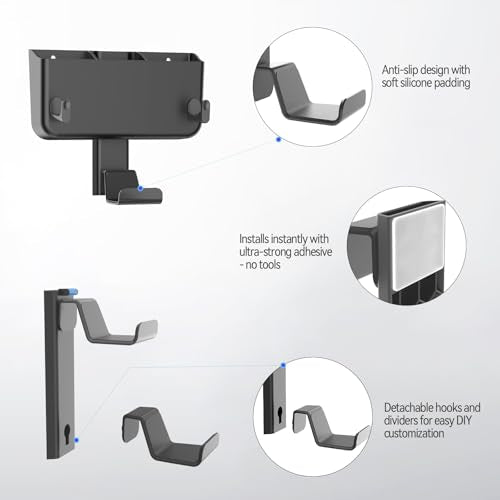 Controller & Headset & Remote Holder Wall Mount with No Drill, 2 Packs Gaming 4 Controllers Hanger Hook Mount for PS5/PS4/XBOX/Switch, Headphone Stand & Remote Control Holer Wall Shelf with Adhesives - size: 3 Packs