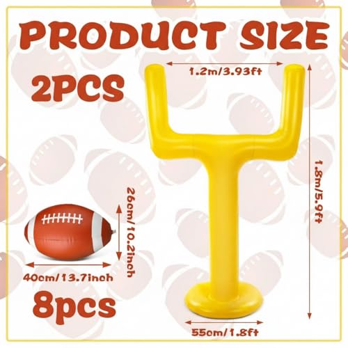 Meooeck 10 Pcs Football Party Supplies Kit,2 Inflatable 70.8'' Jumbo Football Goal Post and 8 Blow Up Footballs for Tailgate Outdoor Celebrations & Themed Day Party Game