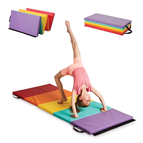 Hearthsong Tumbling Mat for Kids, 5-Panel Thick 1.25" Foldable Exercise Mat for Yoga, Pilates, Stretching, Folding Gymnastics Mats at Home, Gym Workout - color: Rainbow