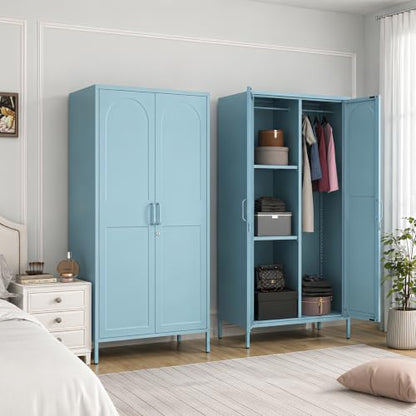 Lockable Metal Wardrobe Closet with Hanging Rod and 3 Adjustable Shelves,67" Metal Storage Cabinet with 2 Doors,Steel Armoire Wardrobe Closet for Bedroom Living Room Cloak Room (Blue) - color: Blue, style: 67"H-Wardrobe-DY