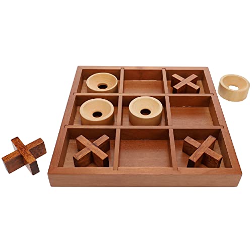 Wooden Tic Tac Toe Game – 9 Inch Solid Wood Board with X and O Pieces, Decorative Coffee Table Game, Classic Home Décor Accent