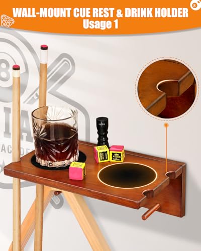 EXTCCT Wall Mounted Cue Holder - Hardwood Billiard Cue Rest and Drink Holder with Chalk Holder 11 x 6.3 x 4.1 Inches (Brown) - color: Brown