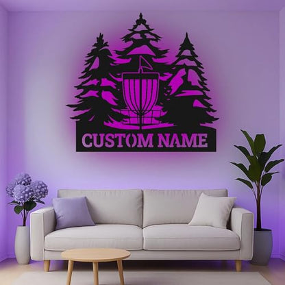 Custom Disc Golf Basket Led Light Metal Wall Art Personalized Gift for Disc Golfers Outdoor Decor for Enthusiasts
