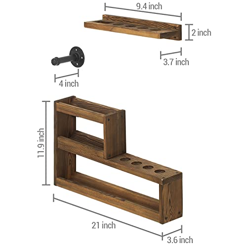 MyGift Pool Cue Rack Set, Rustic Burnt Solid Wood Billiards Cue Stand Wall Mount Holder, Ball Storage with Industrial Pipe Triangle Rack Hanging Hook