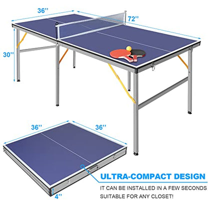 6X3ft Portable Ping Pong Table Game Set, Mid-Size Table Tennis Tables - Olding Indoor Outdoor Table Tennis with Net for Adults/Teens,2 Table Tennis Paddles and 3 Balls