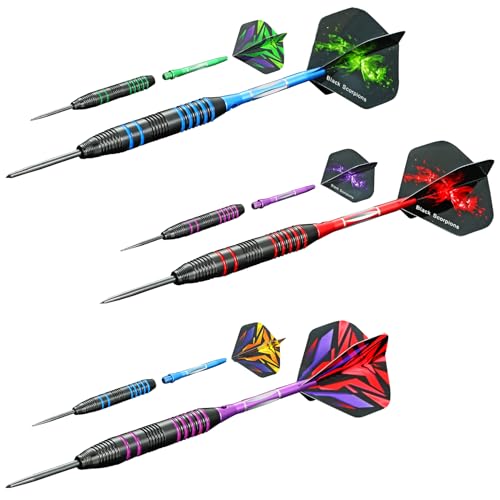 WINSDART Darts Metal Tip Set Professional Metal Darts for Dartboard Steel Tip Darts with Nonslip Iron Barrel Aluminum Dart Shafts,Extra Flights,Dart Sharpener,Gift Box - style: Colorful Engraved Darts Set