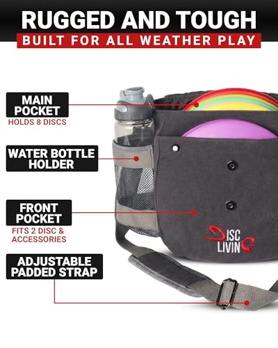 Disc Golf Bag | Frisbee Golf Bag | Easy to Carry | Lightweight Fits Up to 10 Discs | 16 oz Waxed Canvas Sturdy Design | Belt Loop | Double Button Design | Bottle Holder - style: Waxed Canvas - Grey